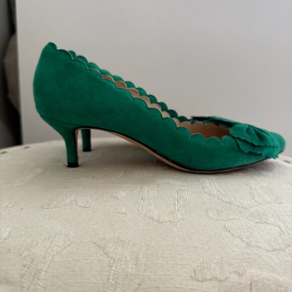 OSCAR De La RENTA Scala Scalloped Suede Green Shoes Pumps w Bow Kitten Heel 37 - Picture 3 of 7